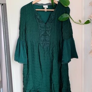 dark green embroidered boho midi dress